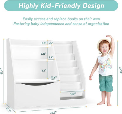 TOETOL Kids Bookshelf & Book Storage,3 Tier Wooden Toddler Bookshelf for Children,Nursery Book Shelves with 6 Sling,Organizer & Book Shelf for Kids Rooms,Bedroom,Playroom White