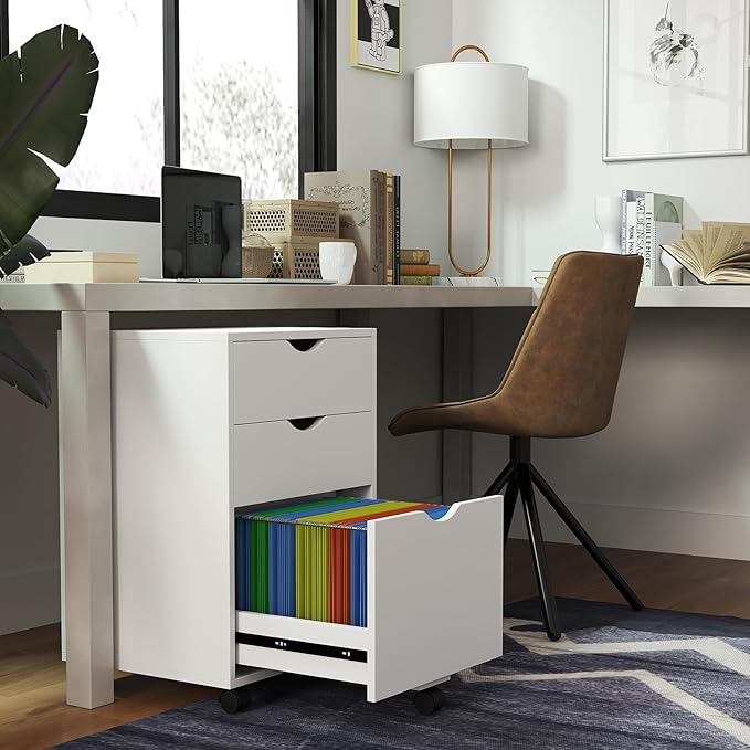 HollyHOME 3-Drawer Wood File Cabinet, Under Desk Cabinet for Home Office, Rolling Storage Shelf for Home, Printer Stand, for A4, Letter-Size, 11.8in Hanging File Folders, White