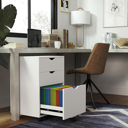 HollyHOME 3-Drawer Wood File Cabinet, Under Desk Cabinet for Home Office, Rolling Storage Shelf for Home, Printer Stand, for A4, Letter-Size, 11.8in Hanging File Folders, White