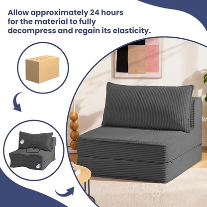 Folding Sofa Bed, Convertible Sleeper Chair with Pillow,Corduroy Comfy Floor Futon for Living Room Bedroom,Modern Accent Reading Chair,No Assembly Required,Grey