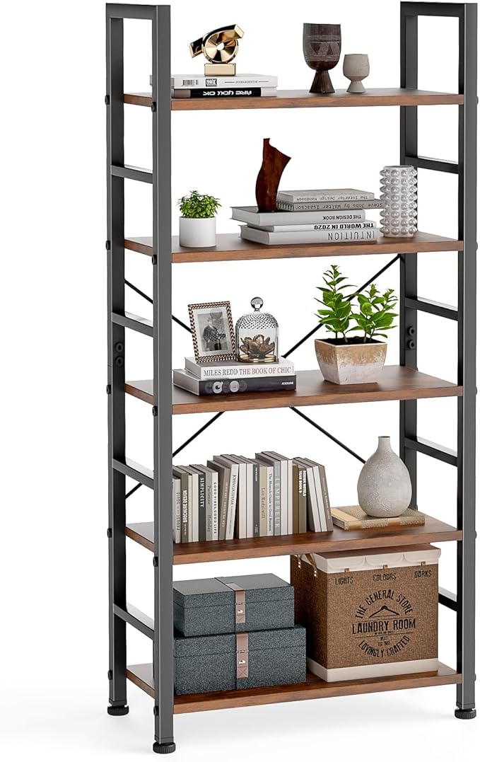 DUMOS 5 Tiers Bookshelf, Classical Modern Book Shelf, Tall Display Shelves in Living Room/Home/Office, Storage Organizer for CDs/Books/Movies, Rustic Brown