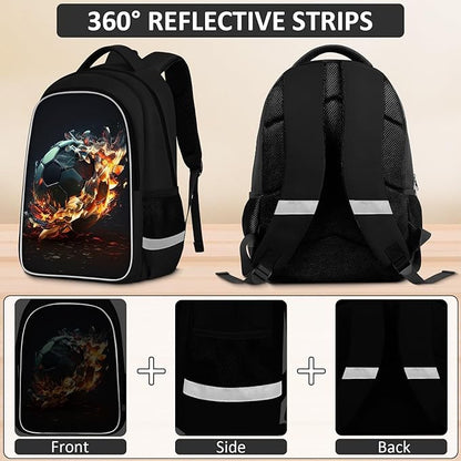 School Backpack for Boys - 4pcs Soccer Boys Backpack with Lunch Box and Pencil Case for Kids Children Teens Elementary Middle School - Students Bag for Ages 6-18,17″Bookbag Travel Back Pack