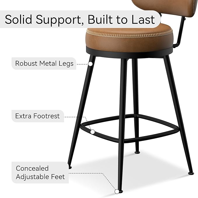 Counter Height Bar Stools, 26" H Swivel Barstools Set of 4, Faux Leather Kitchen Counter Stools with Back and Stylish Stitching, Metal Frame, Pub, Home Bar, Whisky Brown