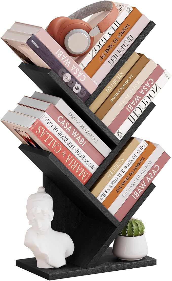 Hoctieon 4 Tier Tree Bookshelf, 4 Shelf Bookcase, Free Standing Tree Bookcase, Display Floor Standing Shelf for Books, Book Organizer Shelves for Home Office, Living Room, Bedroom, Black