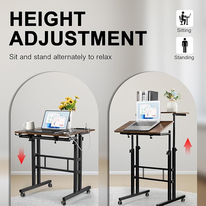 Hadulcet Mobile Standing Desk with Charging Station, Adjustable Standing Computer Desk, Standing Adjustable Laptop Cart with Wheels for Home Office Classroom Rustic Brown