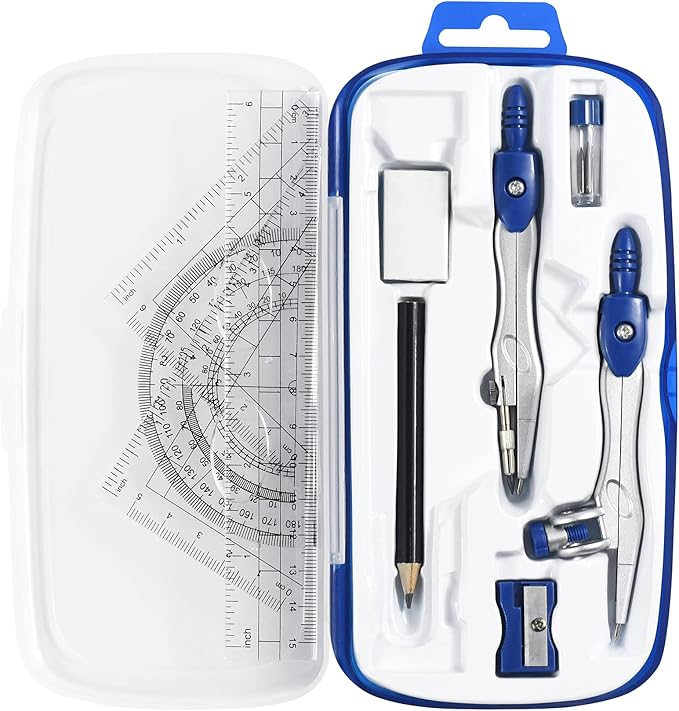 Math Geometry Kit Sets 10 Piece Student Supplies with Shatterproof Storage Box,Includes Rulers,Protractor,Compass,Eraser,Pencil Sharpener,Lead Refills,Pencil,for Drafting and Drawings（Navy blue）