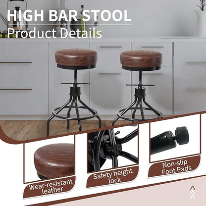 Counter Height Bar Stool Adjustable Swivel Round Barstools Modern PU Leather 28inch Backless Metal Industrial Stool Bar Chair for Kitchen Island (1, Walnut)