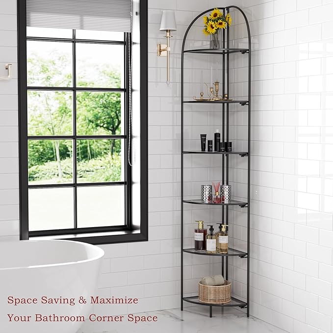 Crofy Foldable 6 Tier Corner Shelf, Metal Corner Plant Stand with Black Frame and Transparent Shelves, Corner Display Rack Multipurpose Shelving Unit for Living Room, Bedroom, Bathroom