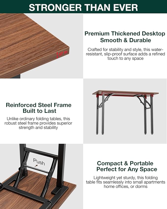 Frylr Small Folding Computer Desk – 55.1 Inch Portable Table for Craft and Study, Lightweight Desk for Small Spaces, Foldable Laptop Table Built-in AC/USB Outlets for Convenience, Dark Walnut