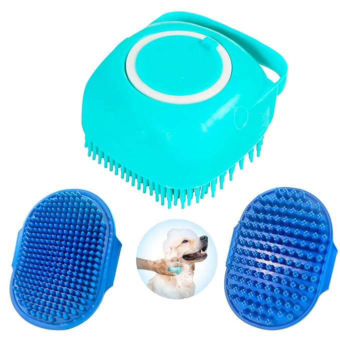 Dog Grooming Brush, Lilpep Pet Shampoo Bath Brush Soothing Massage Rubber Comb with Adjustable Ring Handle for Long Short Haired Dogs and Cats (Blue, set)