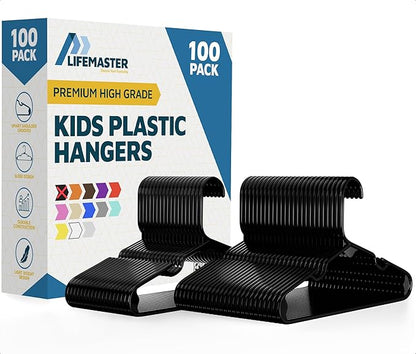 Lifemaster Plastic Kids Clothes Hanger – Children Clothes Hanger with Shoulder Notch, 11.6 Inch Space-Saving Closet Organizer for Baby, Toddler, and Kids Clothing, Hold Up To 5 lbs, Pack of 100, Black