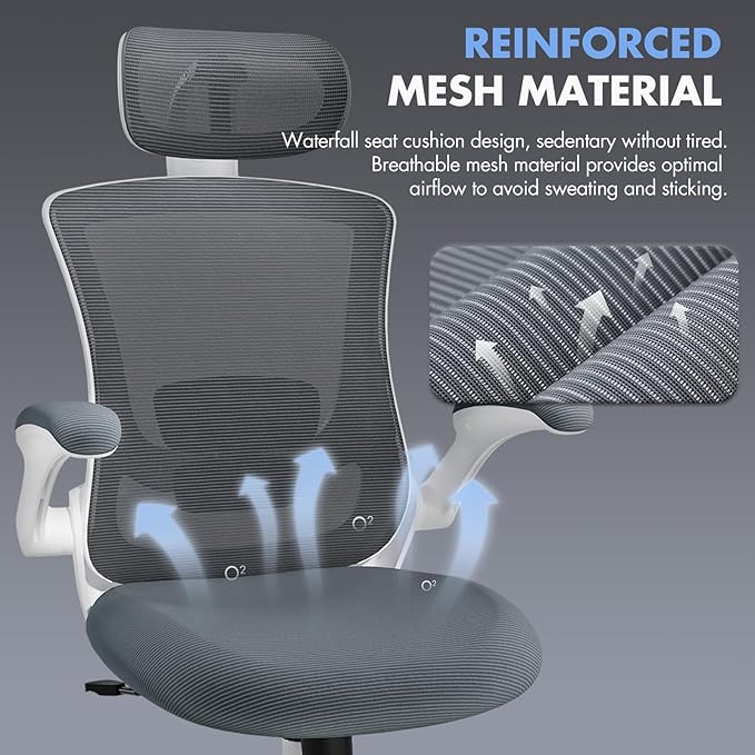 High Back Office Chair with Adjustable Lumbar Support & Headrest, Ergonomic Mesh Desk Chair with Flip-Up Armrests, Breathable & Comfortable Computer Chair for Home, Office & Study, Grey