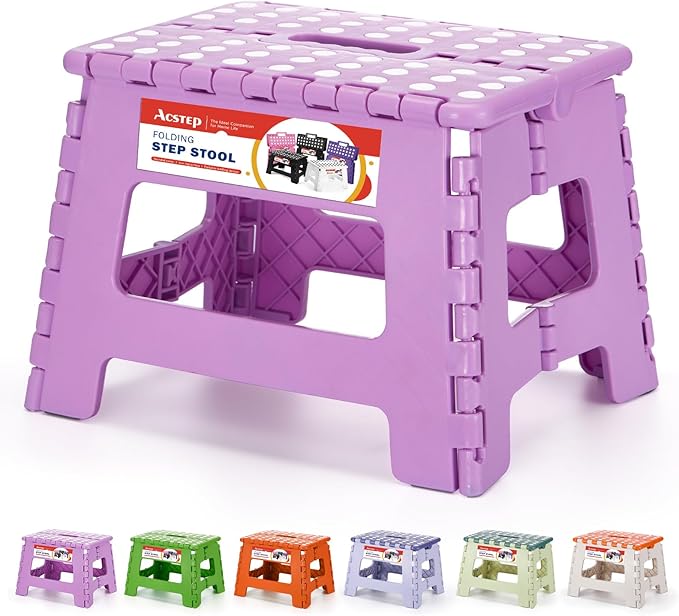 ACSTEP 9 Inch Folding Step Stool 300 LB Capacity Plastic Foldable Step Stools for Kids and Adults, Folding Stool Suitable for Kitchen, Stepping Stool with Handle Light Purple Small Step Stool 1PC