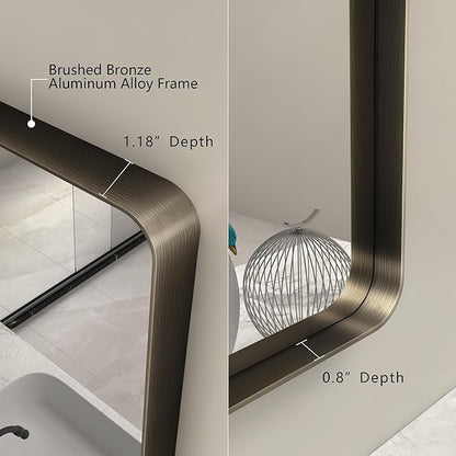28x36 Bronze Framed Mirror, Brushed Bronze Metal Bathroom Vanity Mirror for Wall, Modern Rectangle Mirror, Rounded Corner, Anti-Rust, Tempered Shatterproof (Horizontal/Vertical)