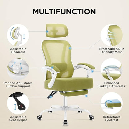 Ergonomic Office Chair with Footrest,Ultra Thick Reclining Office Desk Chair with Adjustable 2D Lumbar Support and Headrest,Spring Cushion,High Back Premium Mesh Computer Chair Office Chairs,Green