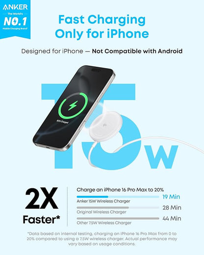 Anker Zolo Magnetic Wireless Charger, Qi2 Certified 15W MagSafe-Compatible Wireless Charging Pad, for iPhone 17/16/15/14/13/12 Series, AirPods, and More (Not for Pixel, Adapter Not Included)