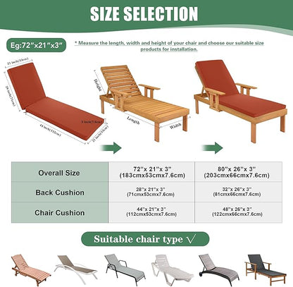 Chaise Lounge Cushions Outdoor Set of 2 - Waterproof and Fade Resistant Sun Lounger Replacement Cushions - Patio Lounger Pads with Removable Cover for Pool, Deck, 72 x 21 x 3 Inch, Rust