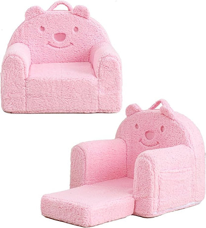 Toddler Chair,Sherpa Bear Kids Chair,Toddler Couch Fold Out,Children Reading Chair,Flip Out Kids Couch,Toddler Sofa Convertible for Age 1-3(Pink Bear)