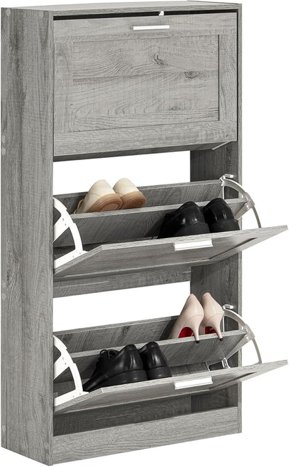 Haotian Shoe Storage Cabinet Entryway, Freestanding Shoe Cabinet with 3 Flip-Drawers Fully Enclosed Tall Shoe Rack Shoe Organizer, Grey, FSR137-L-HG