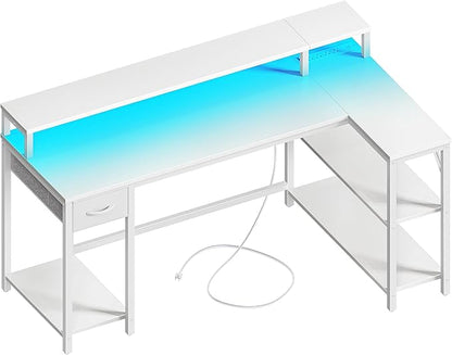 SUPERJARE 53 inch Reversible L Shaped Desk with LED Lights & Power Outlets, Computer Desk with Shelves & Monitor Stand, Gaming Desk with Drawer, Home Office Desk Corner Desk, PU White Drawer