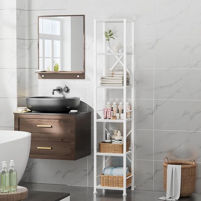 Furologee White Bookshelf 6 Tier Tall Narrow Bookcase, Modern Display Standing Shelf Unit, Metal and Wooden Storage Corner Shelves Organizer for Bedroom, Living Room, Office, Bathroom