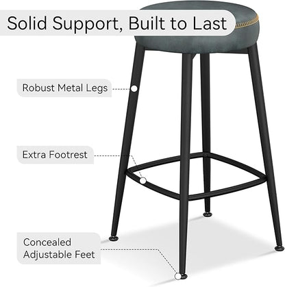 Counter Height Bar Stools, 26" H Backless Bar Stools Set of 8, Upholstered Faux Leather Kitchen Counter Stools, Mid Century Modern, Kitchen Island Home Bar, Pub, Black Blue