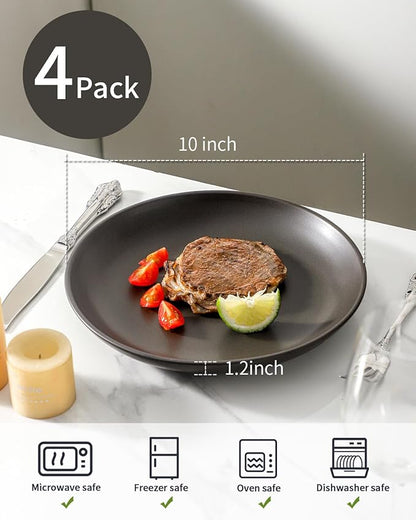 Dinner Plates Set of 4, 10 Inch Ceramic Plates - Stoneware Dinnerware Set for Pancakes, Scratch Resistant Black Plates, Microwave Oven and Dishwasher Safe for Steak, Noodle, Kitchen