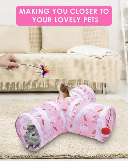Bissap Guinea Pig Tunnel, Collapsible Hamster Tunnel and Tube 3 Ways Pet Hideout with 1 Play Ball for Indoor Guinea Pig Chinchilla Hamster Rat Small Animal Activity Fun Toys (Pink)