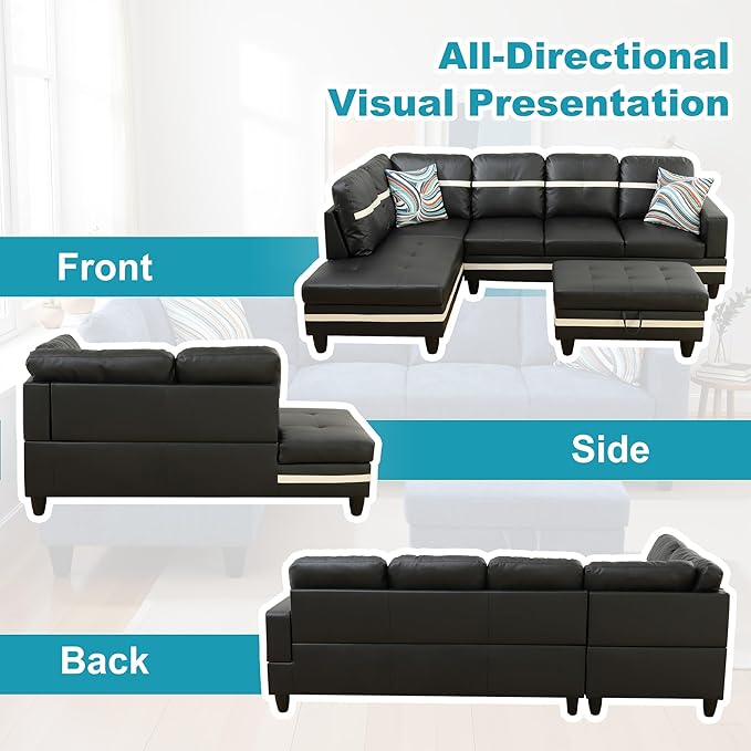 L Shaped Couch PU Leather Sectional Couch Upholstered 3 Pieces Sofas for Living Room with Chaise, Storage Ottoman for Office and Small Apartment, Black