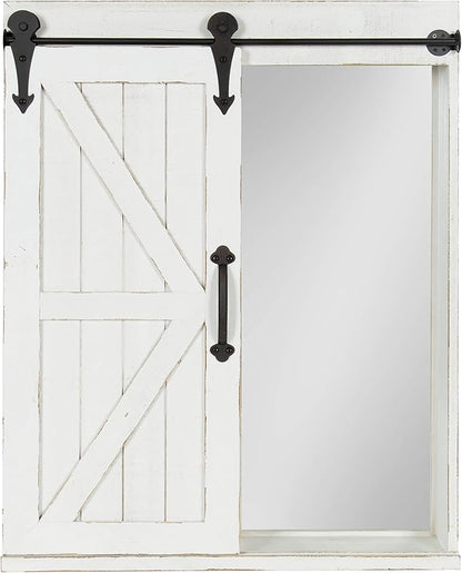Kate and Laurel Cates Decorative Wood Wall Storage Cabinet with Rectangle Mirror and Sliding Barn Door, 22 x 28, Rustic White, Farmhouse Decor for Wall Storage