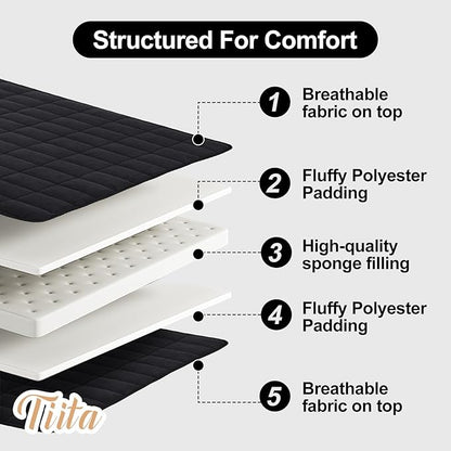 Tiita Japanese Floor Mattress, 4” Thicken Futon Mattress with Storage Bag and 2 Straps，Queen Size Sleeping Tatami Mat for Adults，Black