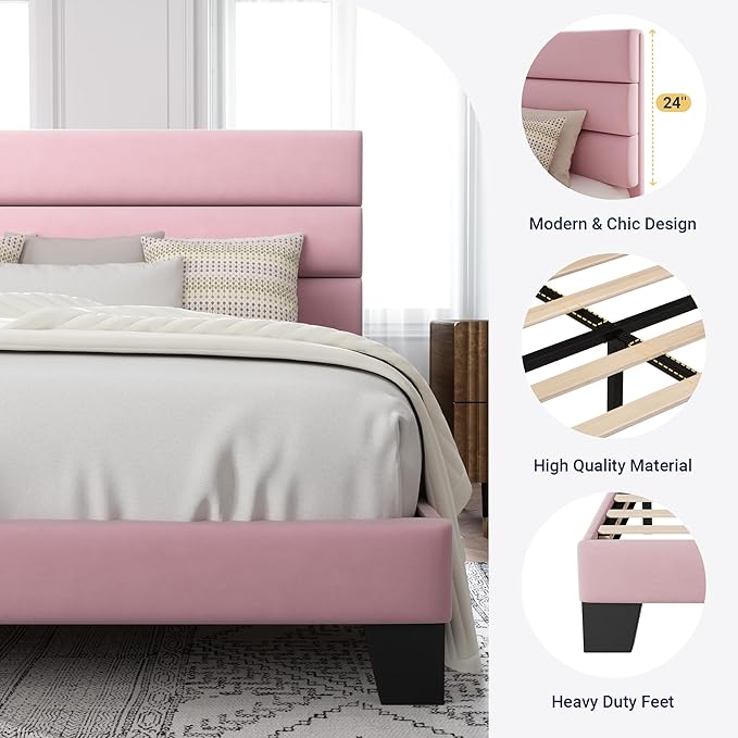 Allewie Full Size Platform Bed Frame with Velvet Upholstered Headboard and Wooden Slats Support, Fully Upholstered Mattress Foundation/No Box Spring Needed/Easy Assembly, Pink