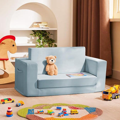 Kids Couch, 2-in-1 Toddler Chair Comfy 1-3 Years, Convertible Kids Chair, Toddler Couch That Fold Out, Kid Lounge Chairs for Boys and Girls, Soft Coral Fleece, Double, Blue