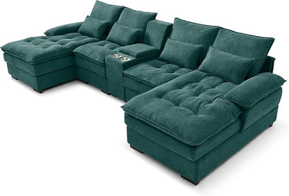 130" U-Shaped Sectional Sofa with Storage Console & Cup Holders, Upholstered 6 Seat Living Room Sleeper Couch Furniture Set w/Chaise, Cloud Cushion Couch for Home, Office, Apartment,Green