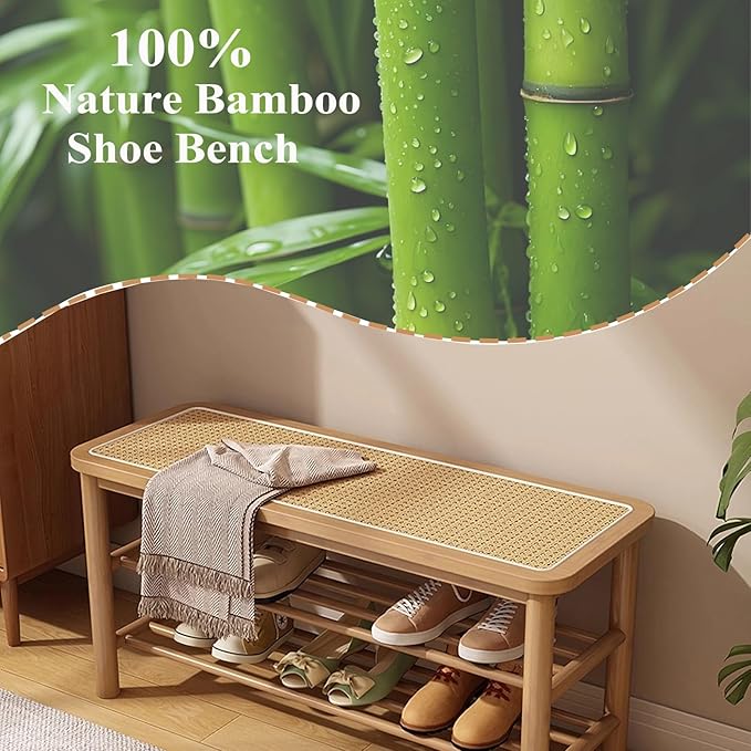 Bamboo Shoe Rack Bench with Rattan Seat, 3-Tier Shoe Storage Bench, Entryway Bench for Hallway，Nature-31.5 inches