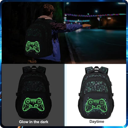 Boys Backpack for School, 3PCS Cool Luminous Gamer Backpack for Boys with Lunch Box Pencil Case, Kids Backpacks Bookbag for Teen Boy Elementary Middle High School with USB Charging Port