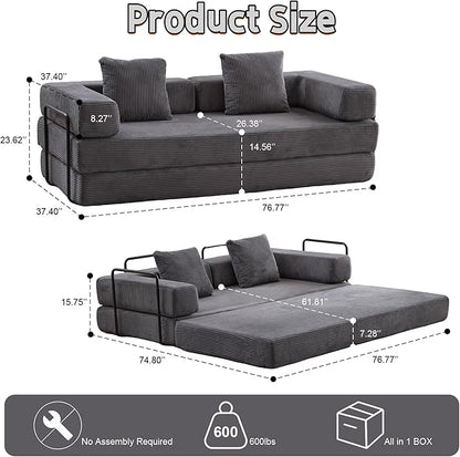 Convertible Sofa Bed, Compression Futon Sofa with Pillows & Armrest, Foldable Mattress Couch with Fixed-Shape Frame, Comfy Couch Lounge Sleeper Bed for Living Room Bedroom, Dark Gray
