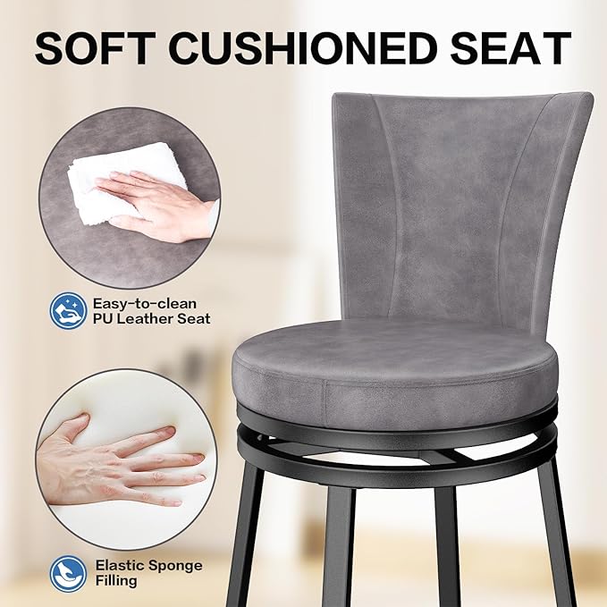 Bar Stools Set of 2, Counter Height Swivel Bar Chair with High Backrest, 24" Round Seat Barstools for Kitchen Island, Pub, Metal Base, Upholstered PU Leather Dining Chairs Grey