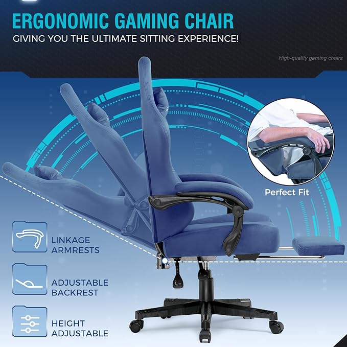 GTPLAYER Gaming Chair Fabric with Pocket Spring Cushion, Big and Tall Gamings Chairs 350LBS High Back Computer Chair with Footrest for Adults Lumbar Support Swivel Game Chair for Office Gaming Blue