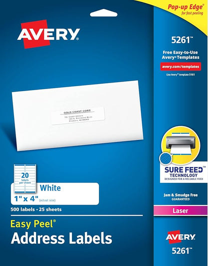 Avery Easy Peel Printable Address Labels with Sure Feed, 1" x 4", White, 500 Blank Mailing Labels (05261)