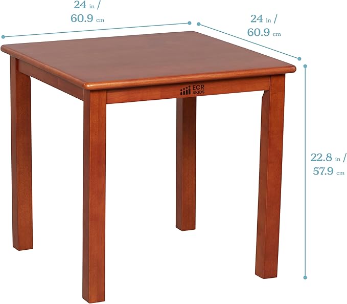 ECR4Kids 24in x 24in Hardwood Table and Chair Set, 12in Seat Height, Kids Furniture, Dark Walnut