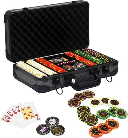 13.5 Gram Clay Poker Chip Set Texas Hold'em Casino Chips 2 Decks of Cards, Aluminum Case Dealer Buttons, for Blackjack Poker Games (300 PCE)