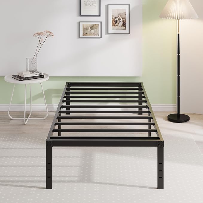 EMODA 18 Inch Twin Bed Frame No Box Spring Needed, Heavy Duty Tall Metal Twin Platform Bed Frames with Large Storage Space, Noise Free, Easy Assembly, Black