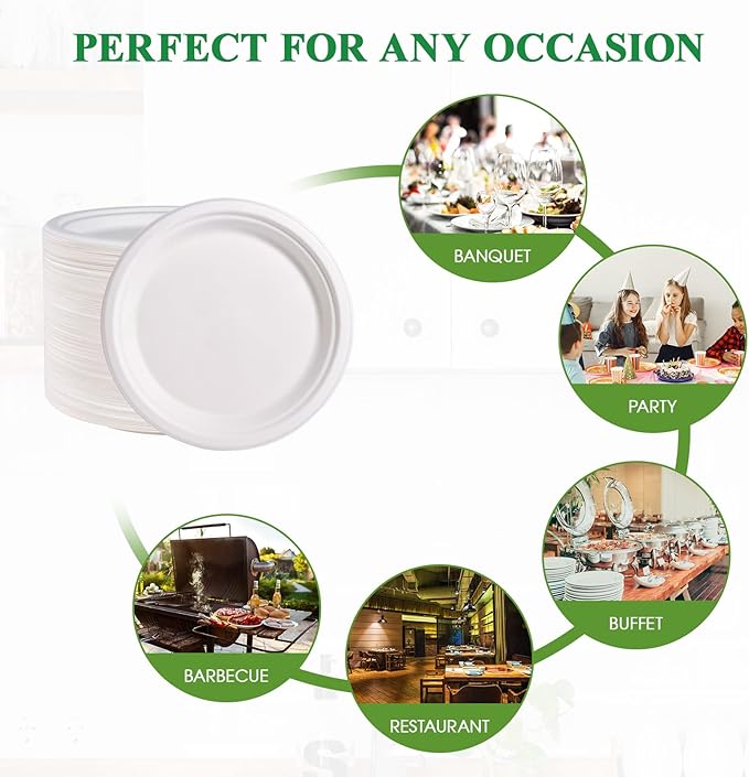 Vplus 150 Pack Paper Plates 9 inch 100% Compostable, Heavy-Duty Disposable Paper Plates Bagasse Natural Biodegradable Eco-Friendly Sugarcane（White）