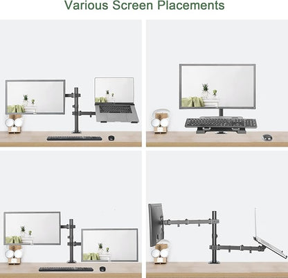 Monitor and Laptop Mount, Monitor Arm with Vented Tray for 13" to 27" LCD Computer Screens and Notebook up to 17 inch, Fully Adjustable Laptop Mount Stand Holds up to 17.6lbs