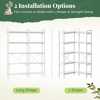 Huuger 5 Tier Bookshelf, L Shaped Corner Bookshelf with 10 Open Shelves, 49.4 Inch Straight Wide Bookcase with Metal Frame and Wooden Board, Adjustable Feet, White