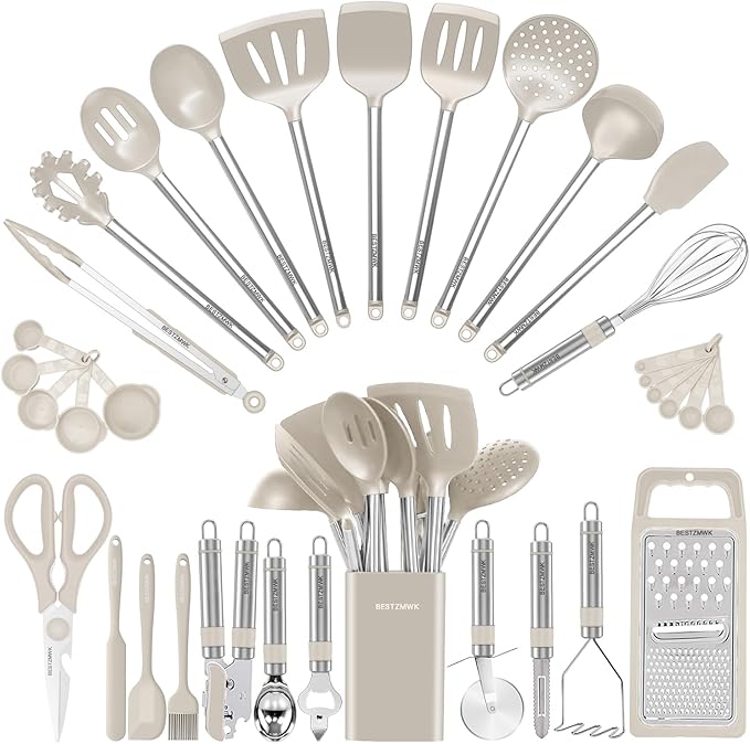 Kitchen Utensil Set-Silicone Cooking Utensils-33 Kitchen Gadgets & Spoons for Nonstick Cookware-Silicone and Stainless Steel Spatula Set-Best Kitchen Tools, Useful Pots (Khaki)