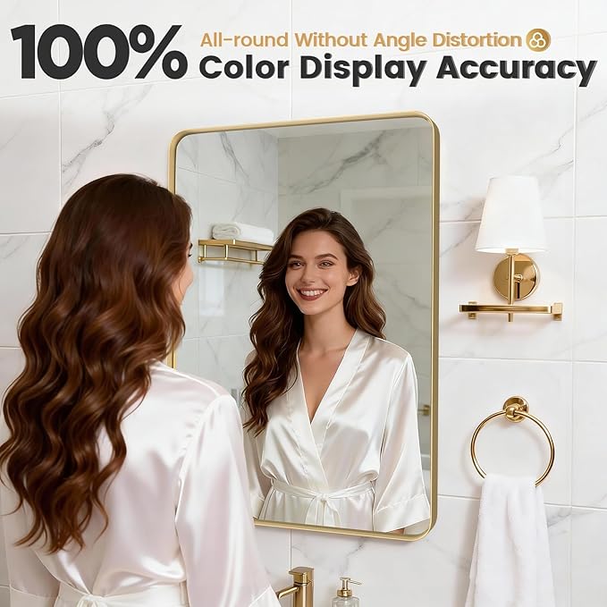 24X30 Inch Gold Metal Framed Bathroom Mirror for Wall, Gold Rounded Rectangle Mirror, Brushed Gold Bathroom Vanity Mirror Farmhouse, Anti-Rust, Tempered Glass, Hangs Horizontally or Vertically