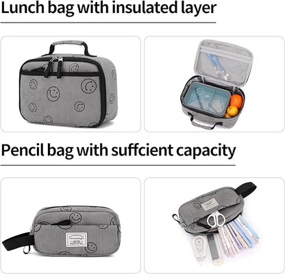 Backpack for Girls Boy Teen Corduroy Bookbags Elementary Middle High School Women Laptop Bag with Lunch Box Pencil Bag (Smile Grey)