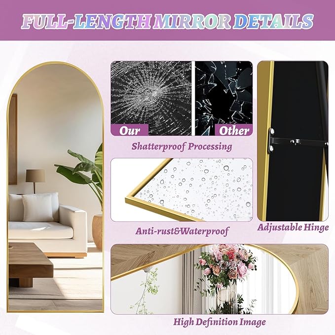 Floor Mirror, 76"×34" Full Length Mirror with Stand for Bedroom Living Room, Gold